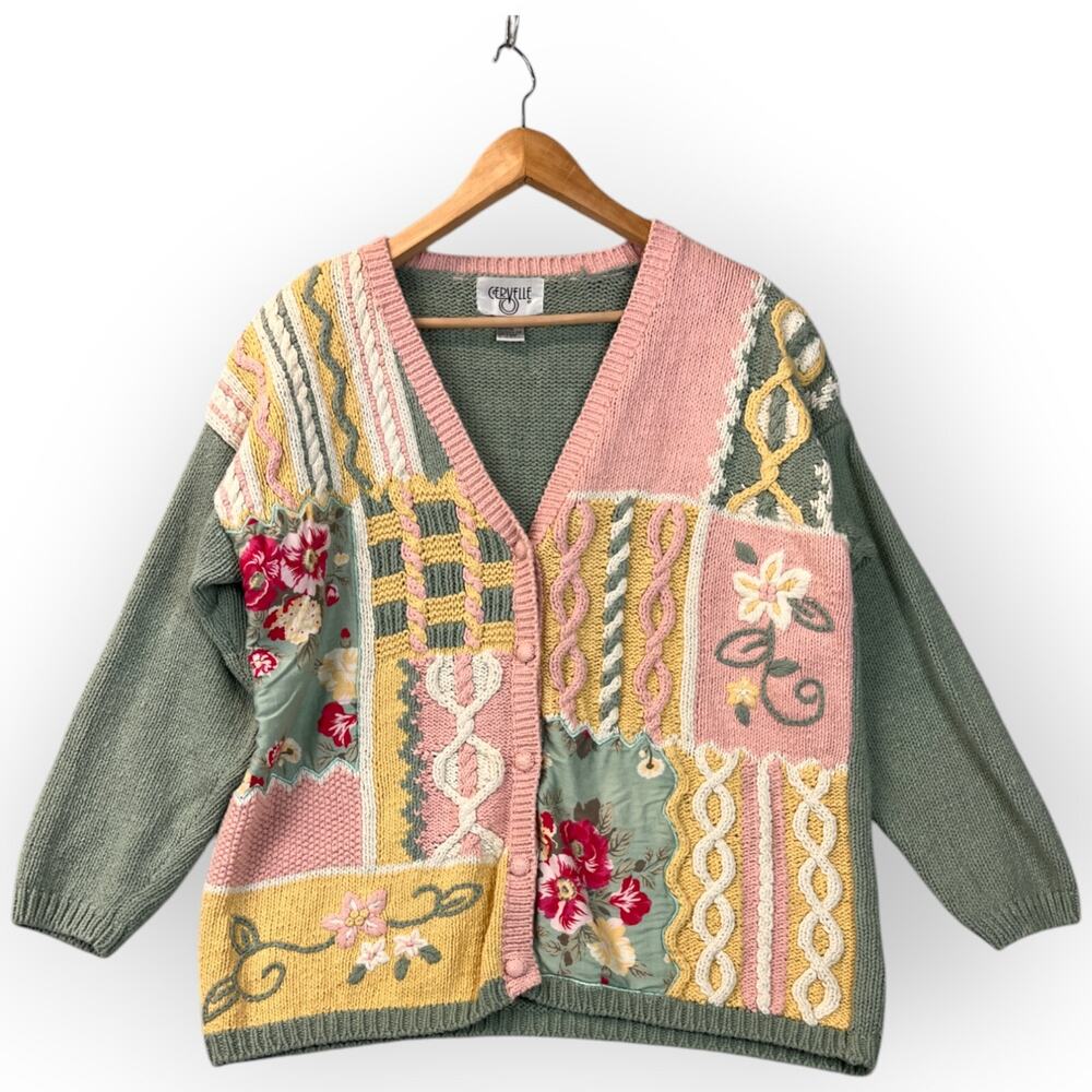 Vintage Cervelle Women Patchwork Sweater Cable Knit Large Embroidered Grannycore